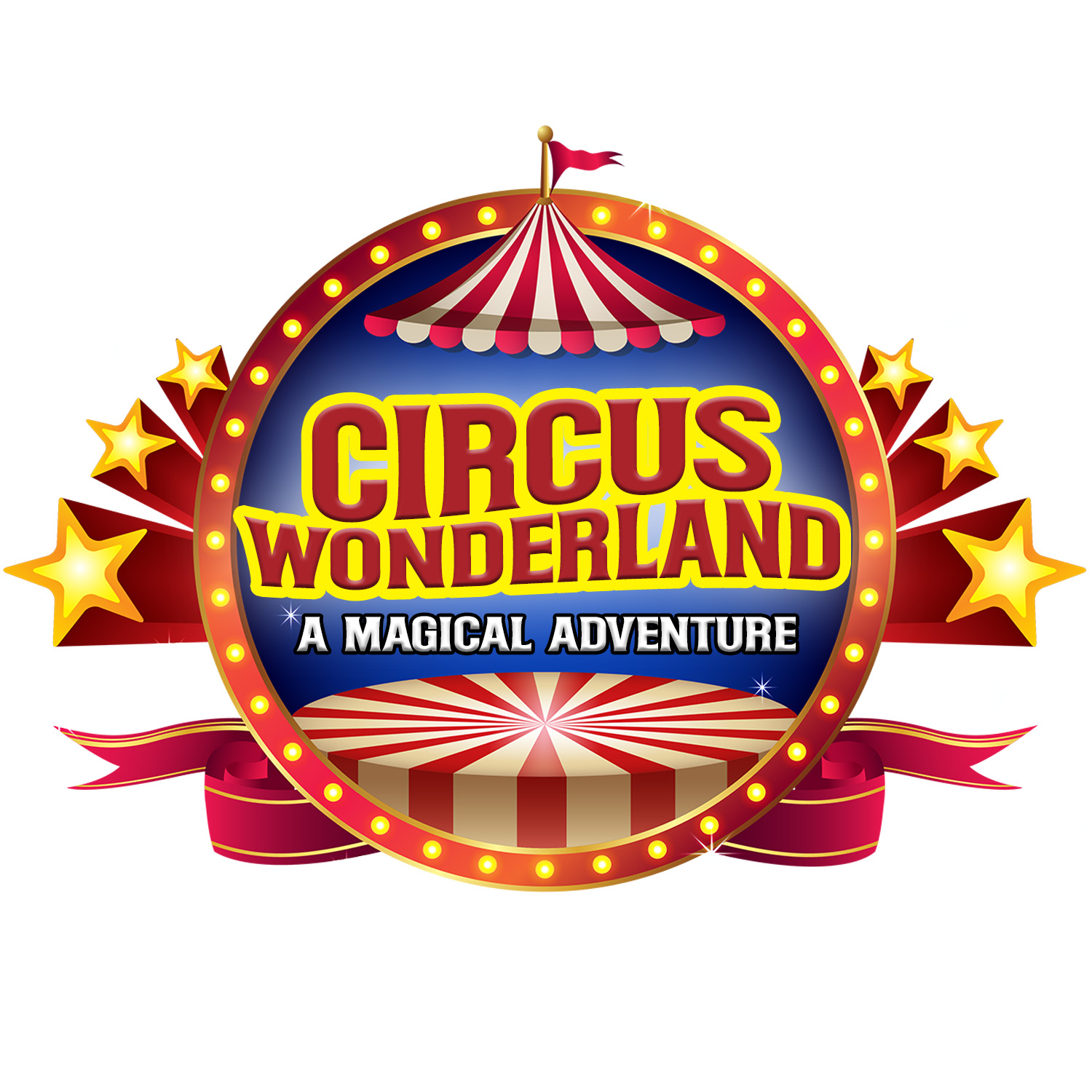Circus Wonderland A Magical Adventure logo Colorful red and yellow circus theme logo with big top tent and starts